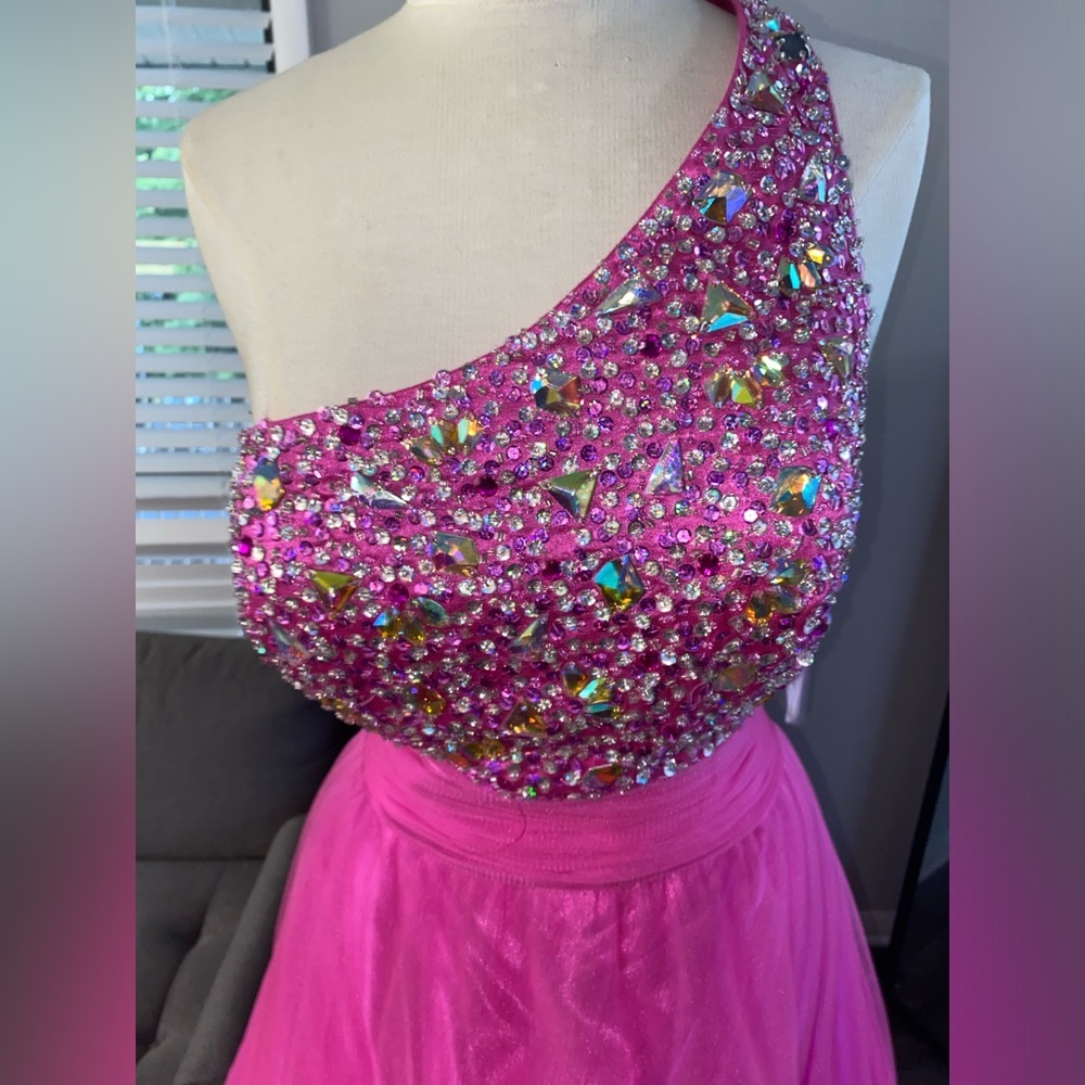Tiffany Designs Size One Shoulder Sequined Hot Pink Ball Gown - Picture 2 of 6